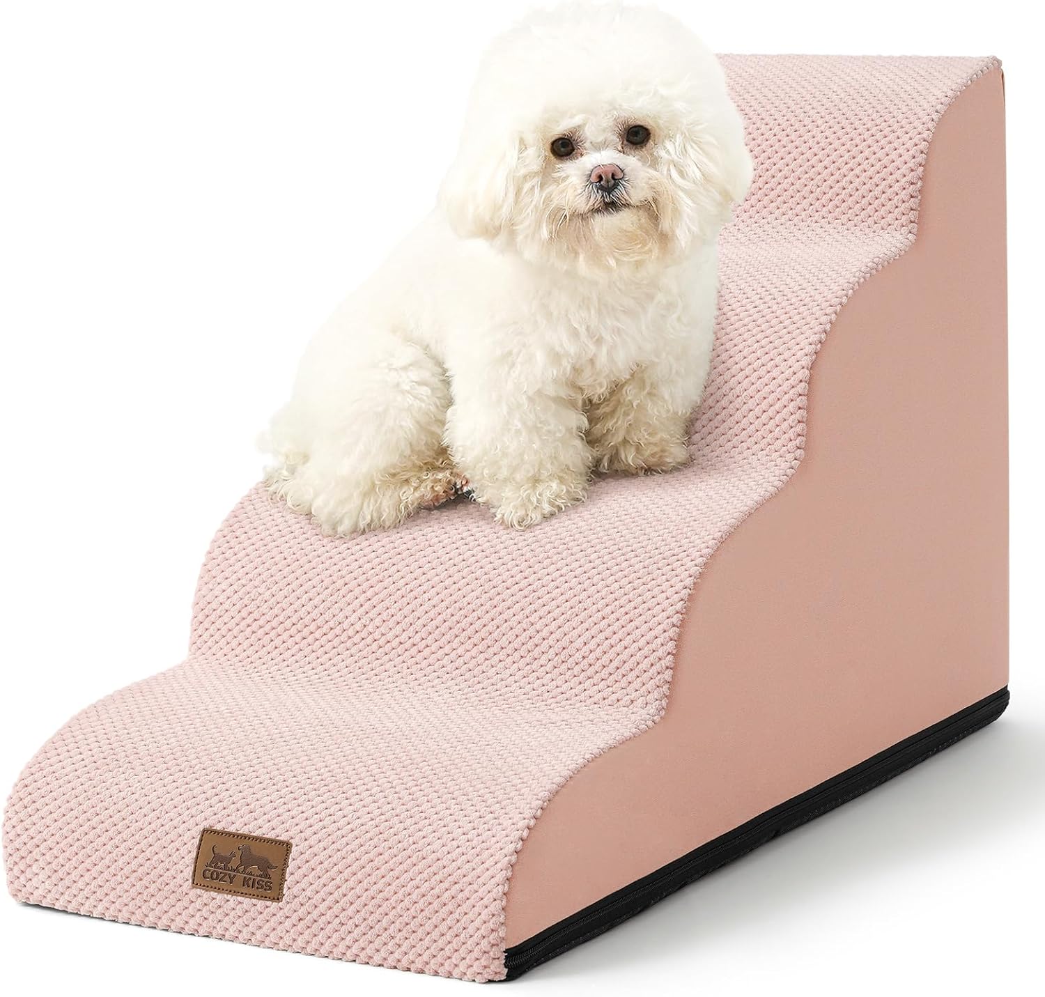 Dog Stairs for Small Dogs 19.7" H, Curved Dog Step for Puppy, Older or Cat, Medium Pet Ramp for Sofa, Couch or Bed, Ladder with High Density Foam, 15.7x28.3x19.7 inch, 4 Step, Pink - Pawvie