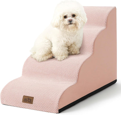 Dog Stairs for Small Dogs 19.7" H, Curved Dog Step for Puppy, Older or Cat, Medium Pet Ramp for Sofa, Couch or Bed, Ladder with High Density Foam, 15.7x28.3x19.7 inch, 4 Step, Pink - Pawvie
