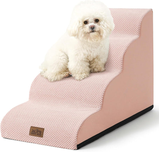 Dog Stairs for Small Dogs 19.7" H, Curved Dog Step for Puppy, Older or Cat, Medium Pet Ramp for Sofa, Couch or Bed, Ladder with High Density Foam, 15.7x28.3x19.7 inch, 4 Step, Pink - Pawvie