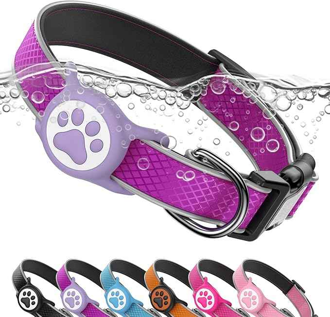 Reflective Dog Collar with IPX8 Waterproof Air TagHolder | Ultra-Durable | Soft Padded | Safety Locking Buckle | Fit Small Dogs (Purple S(9.8"-15.7"))