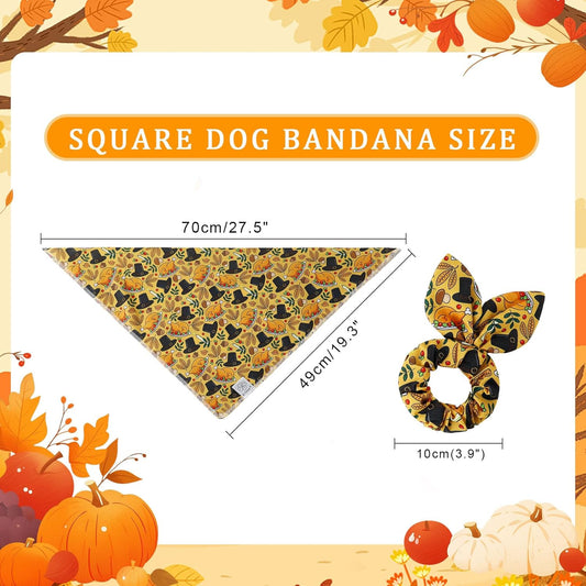 E-Clover Thanksgiving Dog Bandanas & Matching Scrunchie Set Girl Fall Turkey Dog Scarf Bibs Pet Bandana with Bow Tie for Medium Large Dogs Owner Mom Brown