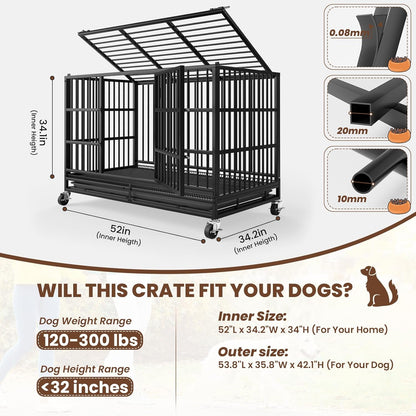 LEVELEVE 54 Inch Heavy Duty Indestructible Dog Crates for Large Dogs，Escape Proof Dog Cage Large Dogs with Lockable Wheels，Dog Kennel Furniture Indoor&Outside
