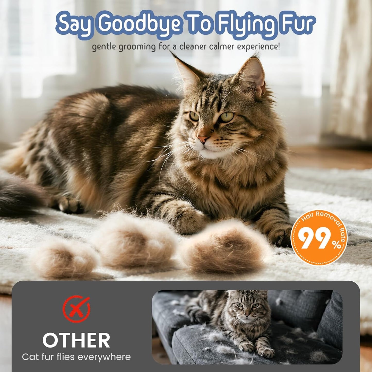 Self Cleaning Slicker Brush, 2-in-1 Cat Brush for Shedding, Skin Friendly Grooming Tool for Long & Medium-Long Hair Pets, Adjustable Bristle Length with Dematting Comb for Cats, Dogs (Blue)