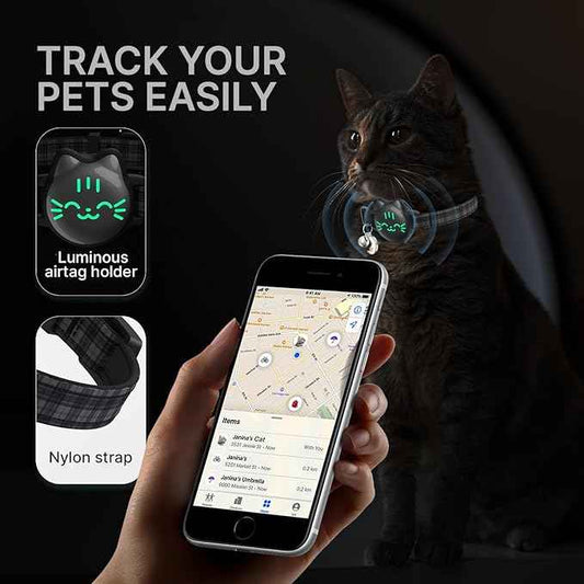 Waterproof Airtag Cat Collar, Breakaway Cat Airtag Collar with Luminous & Reflective Fish Pattern, Lightweight Kitten Collars for Apple Air tag, Hidden GPS Tracker Holder for Cats, Kittens(9-13")