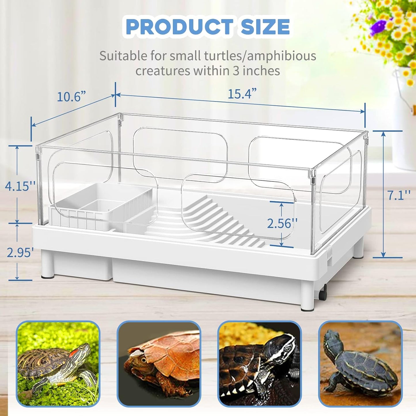 Small Turtle Tank Kit(Tank+Light+Filter), Acrylic Turtle Tank Starter Kit with Bask Platform, Bottom Drain, Multi-Function Area for Small Reptiles.(White) - Pawvie