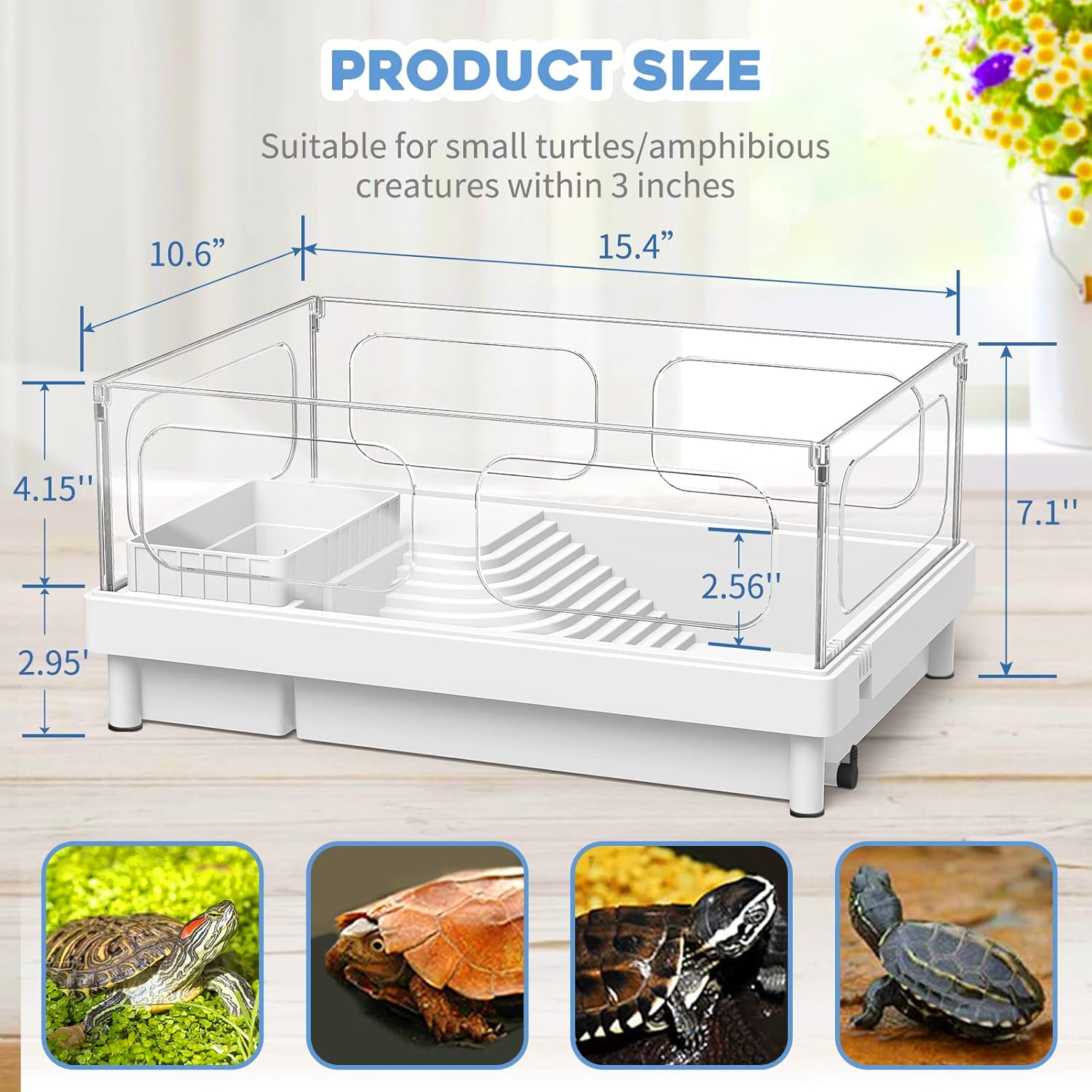 Small Turtle Tank Kit(Tank+Light+Filter), Acrylic Turtle Tank Starter Kit with Bask Platform, Bottom Drain, Multi-Function Area for Small Reptiles.(White) - Pawvie