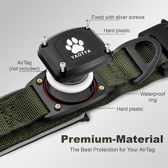 2026 Upgrade Dog Collar with IPX8 Waterproof AirTag Holder,Military Tactical Comfortable Control Handle and Ultra-Durable Metal Buckle/Night Reflective,GPS Collar for Medium to Large Dogs（ArmyGreen/L）