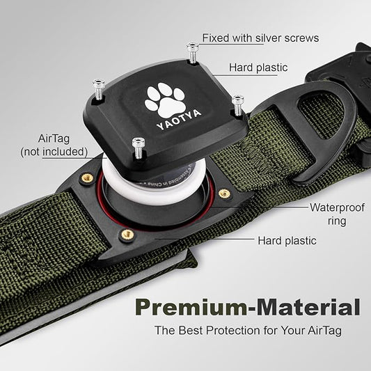 2026 Upgrade Dog Collar with IPX8 Waterproof AirTag Holder,Military Tactical Comfortable Control Handle and Ultra-Durable Metal Buckle/Night Reflective,GPS Collar for Medium to Large Dogs（ArmyGreen/L）