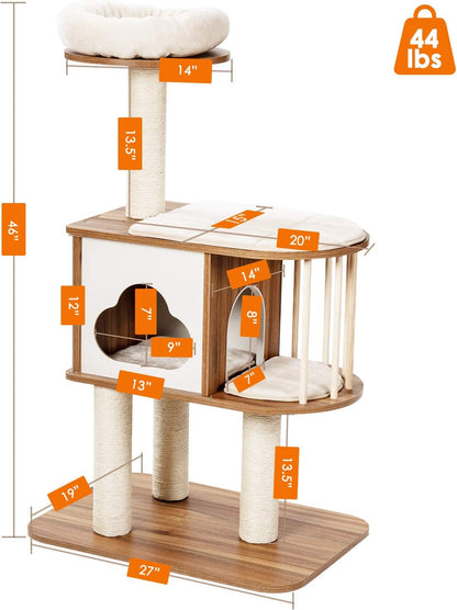 Tangkula Modern Wood Cat Tree, 46 Inches Cat Tower with Platform, Cat Activity Center with Scratching Posts and Washable Cushions, Wooden Cat Condo Furniture for Kittens and Cats (Natural)