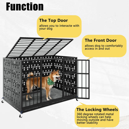 LEMBERI 48/42 inch Indestructible Heavy Duty Dog Crate, High Anxiety Extra Large Dog Cage for Large Dogs, XL Steel Escape Proof Dog Kennel with Cushion and Wheels (Black, 42.5''L*29.9''W*34.46''H)