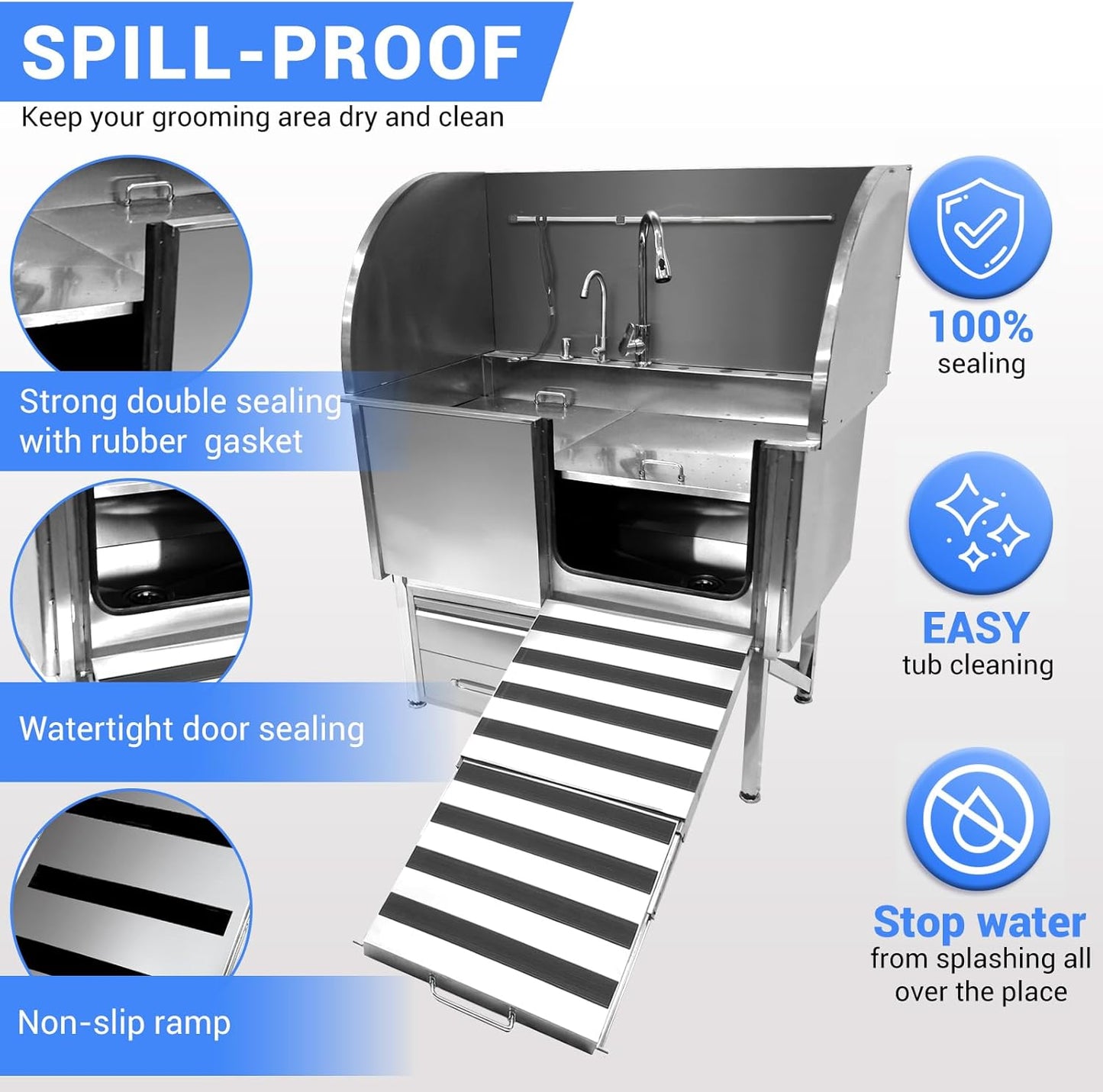 Professional Dog Grooming Tub, 38" Stainless Steel Dog Wash Station with Ramp, Storage Drawer, Floor Grate & Faucet/Dog Bathtub for Large, Medium & Small Pets, Right Door