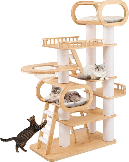 76.8'' Tall Modern Large Cat Tree,Multi-Level Wood Cat Tower for Indoor Cats Large Adults,Luxury Heavy Duty Cat Condo with Cushion,Scratching Posts,Clear Hammock Activity (76.8inch)