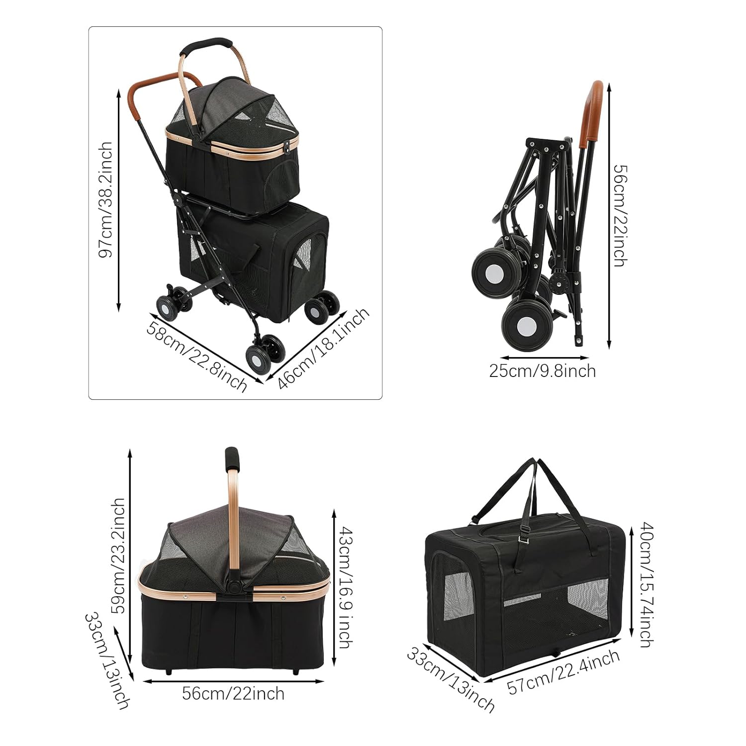 Foldable Pet Stroller for Small & Medium Dogs, Double Dog & Cat Stroller with 3-in-1 Travel System, Detachable Pet Carrier with Wheels for Cats and Dogs up to 77 lbs, Black - Pawvie