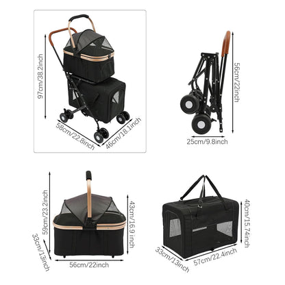 Foldable Pet Stroller for Small & Medium Dogs, Double Dog & Cat Stroller with 3-in-1 Travel System, Detachable Pet Carrier with Wheels for Cats and Dogs up to 77 lbs, Black - Pawvie