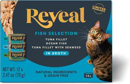 Reveal Natural Wet Canned Cat Food, Limited Ingredient, Grain-Free, Protein with No Artificial Additives, Fish Variety in Broth (12 x 2.47 oz Cans)