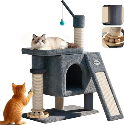 PetDance 37in All-in-1 Small Cat Tree for Indoor Cats | Space-Saving Cat Tower with Cozy Condo, Cat Window Perch, Sisal Scratching Posts, Interactive Ball Track Toy & Self-Grooming Brush,Light Gray