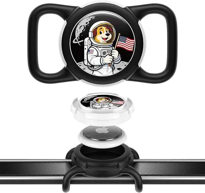 Dog AirTag Holder for Dog Collar, Soft Silicone Slide-On Case for Apple AirTag, No-Dangle Quiet Protective Holder with Eye-Catching Pet Character Designs, Black-Astronaut