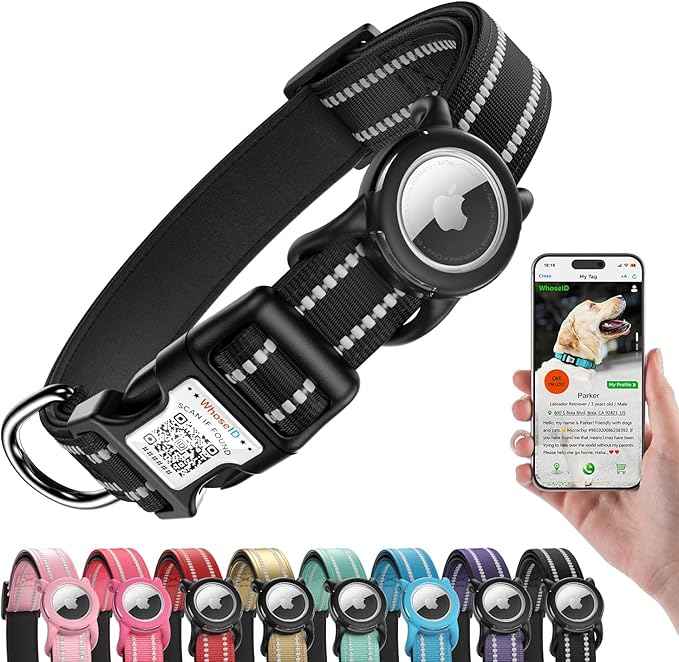 Airtag Dog Collar with QR Code, Reflective Dog Collar with Airtag Holder, Soft Padded & Safety Locking Buckle Adjustable Dog Collar for Small Dogs