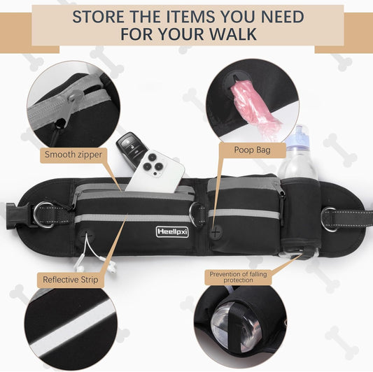 Hands-Free Waist Leash with Pouch for Two Dogs: Reflective Stitching, Dual Handle & Bungee Retractable Design – Ideal for Medium to Large Dogs (Grey) – Dog Walking Accessories