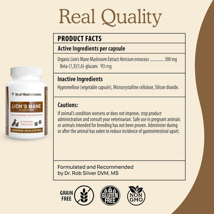 Real Mushrooms Lion’s Mane Pet Mushroom Supplement – Pet Wellbeing Capsules – for Cat & Dog Supplement & Vitamins – Support Mindful Routines – Organic, Vegan, Non-GMO, 120 Count