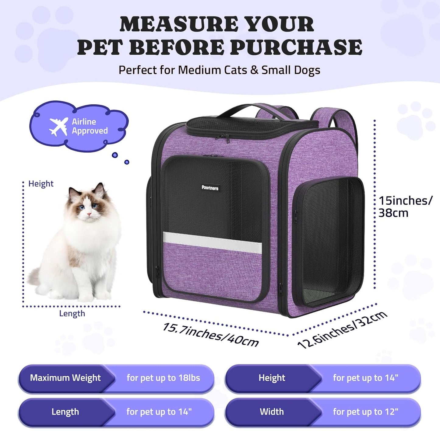 Pawtners Dog Carrier Backpacks Large Cat Backpack with Anti-Scratch Mesh, Foldable Designed Pet Backpack Carrier for Kitten Small Dogs & Large Cats Up to 18 Lbs, Dog Carrier for Travel Outdoor - Pawvie