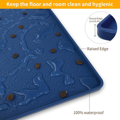 Ptlom Pet Placemat for Dog and Cat, Waterproof Non-Slip Silicone Feeding Bowl Mat Prevent Food and Water Overflow, Puppy Dish Feeder Fountain Trays Suitable for Medium and Small Pets, Navy Blue