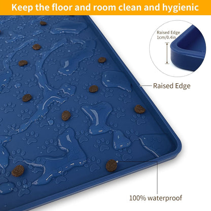 Ptlom Silicone Pet Placemat for Dog and Cat, Waterproof Non-Slip Pet Feeding Bowl Mats for Food and Water, Small Medium Large Tray Mat Prevent Residues from Spilling to Floor, Navy Blue, 18" 12"