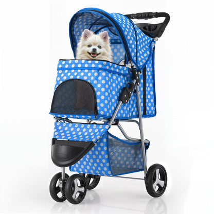 MoNiBloom 3 Wheels Pet Dog Cat Stroller for Small Medium Dogs Cats, Foldable Jogger Stroller w/Storage Basket and Cup Holder, Sky Blue Polka Dots - Pawvie