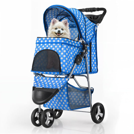 MoNiBloom 3 Wheels Pet Dog Cat Stroller for Small Medium Dogs Cats, Foldable Jogger Stroller w/Storage Basket and Cup Holder, Sky Blue Polka Dots - Pawvie