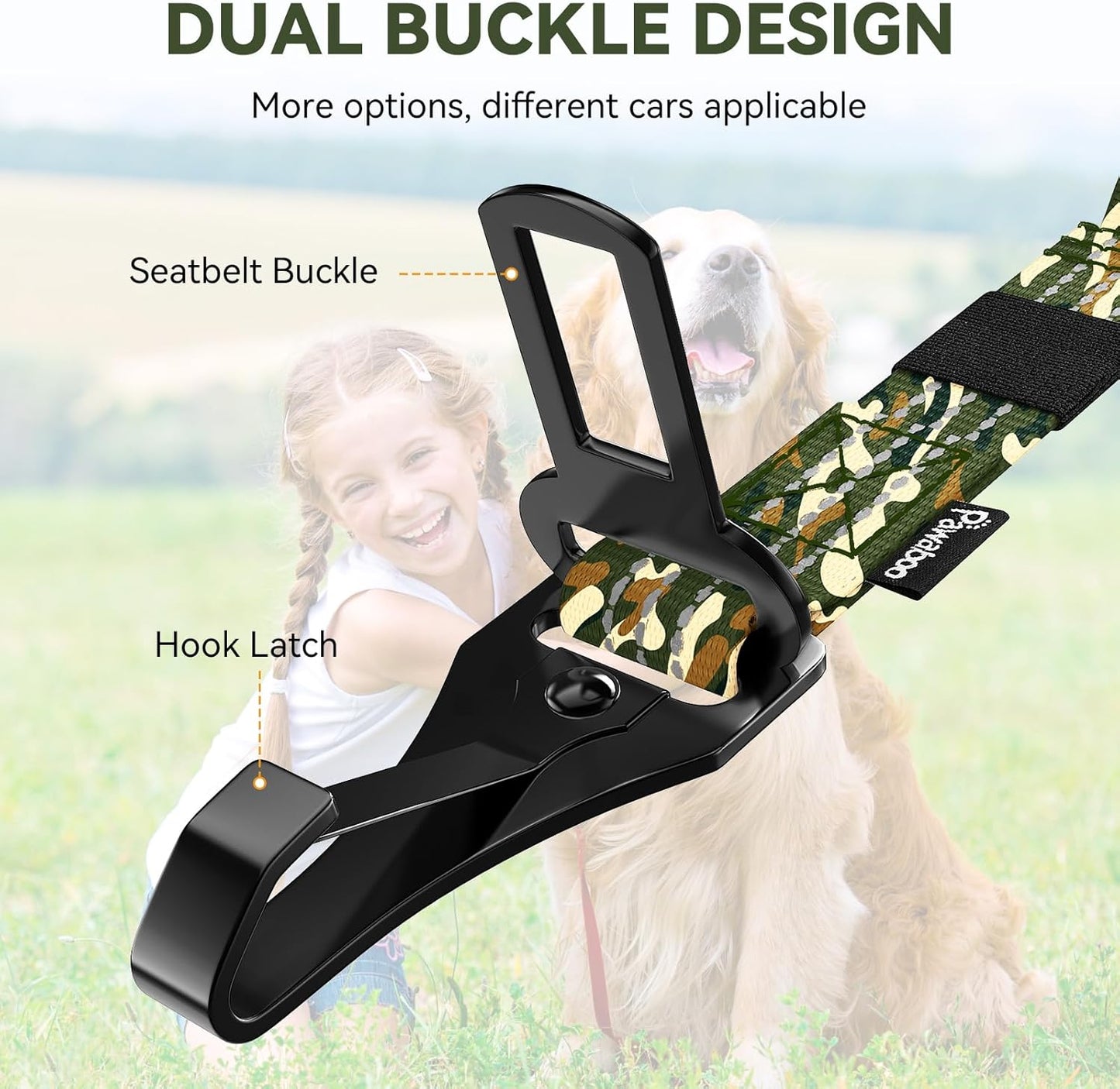 Pawaboo Dog Seatbelt for Car, 3-in-1 Dog Seat Belt Bungee, Shockproof Dogs Tether with Buckle&Hook Latch, Adjustable Reflective Dogs Cars Harness Leash with 360° Lockable Buckle, Army Green Camouflage
