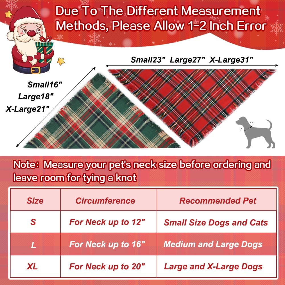 Vivifying Dog Christmas Bandana with Tassels Edges, 2 Pack Classic Plaid Triangle Dog Apparel & Accessories, Funny Holiday Pet Scarf Costume for Photo Prop, and Party Decor (Large, Red&Green)