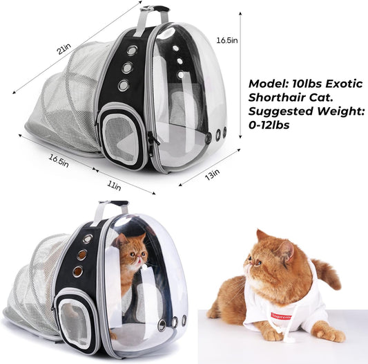 Lollimeow Cat Carrier Backpack, Bubble Expandable Backpack Carrier, Pets and Small Dogs,Airline-Approved, Designed for Travel, Hiking, Walking & Outdoor Use (Back Expandable-Black)