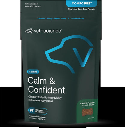 VetriScience Calm & Confident Chews, Composure Clinically Tested Calming and Anxiety Supplement for Dogs, Reduce Stress and Fear, Ideal for Thunderstorms, Fireworks and Travel, Chicken, 60 Count