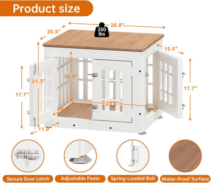 26" Heavy Duty Dog Crate Furniture for Small,Medium and Large Dogs,Rustic Wooden Dog Cage Kennel Indoor Furniture with Waterproof Top,Decorative Pet House Side End Table (White & Wood)