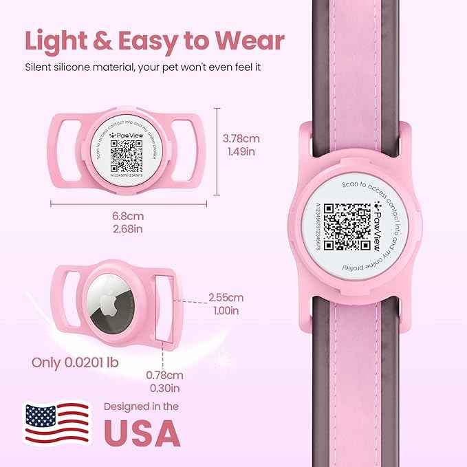 for AirTag Dog Collar Holder, Smart QR Code for Air Tag Holder Cats and Dogs, for AirTag Protective Cases - Scan Alert, Instant Location, Pet Online Profile, Contacts Info (1 Pack, Pink)