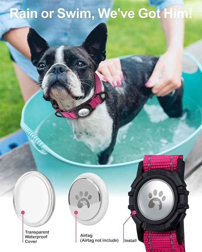 TagME Airtag Dog Collar,Waterproof Reflective Pet Collar with Airtag Holder,Soft Padded and Double D-Rings for Puppy,Hot Pink
