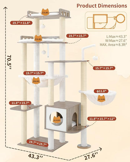 Heybly Cat Tree, 70.5 Inch Wood Tall Cat Tower for Large Indoor Cats with Extra Stable Structure, Modern Cat Furniture with All-Sisal Scratching Posts, Cat Condo & Hammocks, Greige HCT121SG