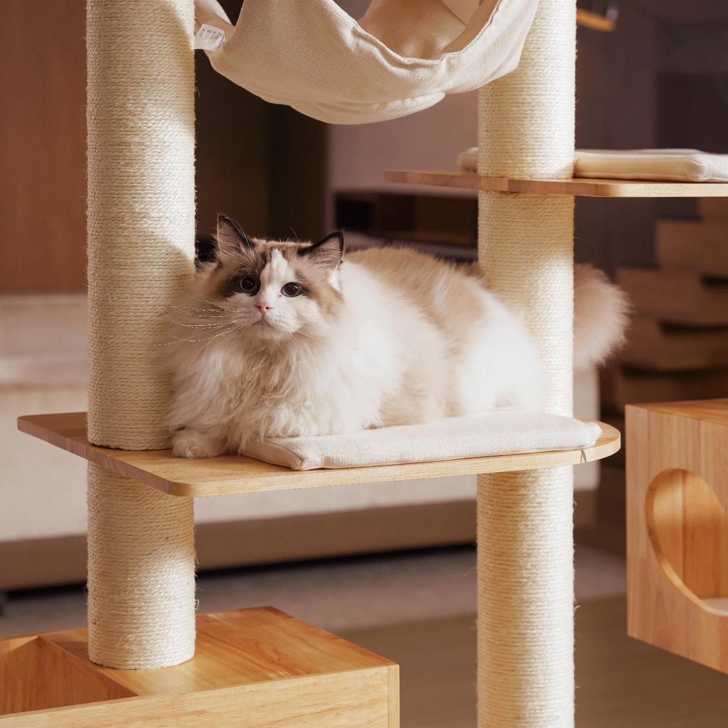 Wood Cat Tree for Indoor Cats, Modern Cat Tower, Unique Cat Condo with House, Tall Luxury Furniture with Heavy Duty Wide Base, Kraft Paper Rope Scratching Post, Removable Cushion (96.5-118.1 inch)