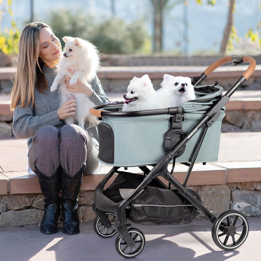 T6 Luxury Pet Stroller for Medium Dogs Up to 66lbs or 2 Small Pets â 3-in-1 Dog & Cat Stroller with Removable Carrier, Foldable & Lightweight (Green)