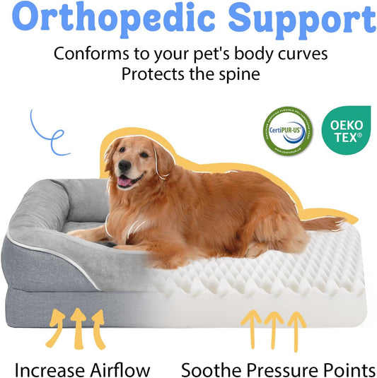 Orthopedic Washable Large Dog Bed - Egg Foam Dog Beds for Large and Medium Dogs Big Pet Beds with Removable Washable Cover and Bolster for Extra Large Dogs