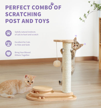 Made4Pets Cat Scratching Post Cat Scratcher Kitten Toys for Indoor Cats Wooden Ball Track Two-Layer Modern Sisal 17.7" Tall Scratch Post Interactive Toy with Dangling Ball