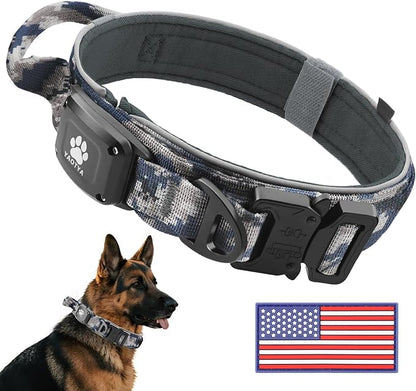 2026 Upgrade Dog Collar with IPX8 Waterproof AirTag Holder,Military Tactical Handle and Ultra-Durable Metal Buckle/Night Reflective,GPS Collar for Medium to Large Dogs (Camouflage Grey/L)