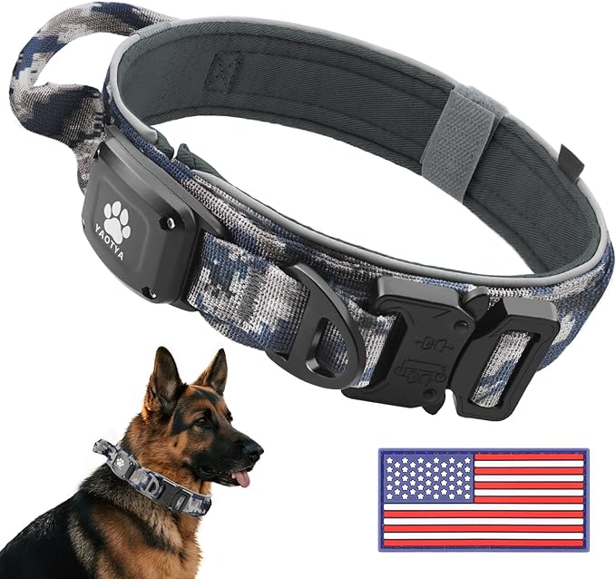 2026 Upgrade Dog Collar with IPX8 Waterproof AirTag Holder,Military Tactical Handle and Ultra-Durable Metal Buckle/Night Reflective,GPS Collar for Medium to Large Dogs (Camouflage Grey/XL)