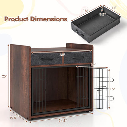 PETISITE Wooden Dog Crate with Lockable Door, Adjustable Foot Pads, 2 Fabric Drawers, Indoor Kennel Side Table for Small & Medium Dogs, 24.5 x 19.5 x 25 in
