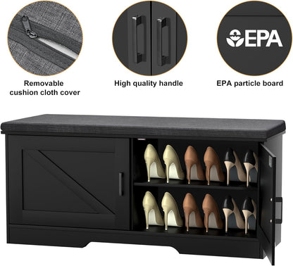 2-Tier Storage Bench, Shoe Bench with Padded Seat Cushion, Entryway Bench with 2 Barn Doors, Adjustable Shelf, 13.8" D x 39.4" W x 17.7" H, for Entryway, Living Room, Bedroom, Black