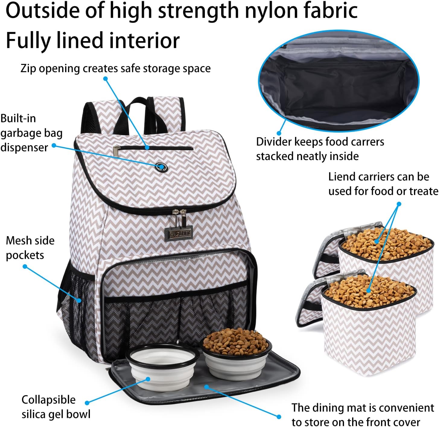 BAGLHER丨Dog Travel Bag, Airline Approved Pet Supplies Backpack, Dog Travel Backpack with 2 Silicone Collapsible Bowls and 2 Food Baskets - Pawvie