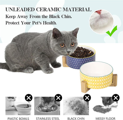 Selamica Ceramic 30 OZ Dog Bowls with Wooden Stand, Anti-Slip Dishes Set for Cats and Small Dogs, Weighted Bowls in Assorted Colors