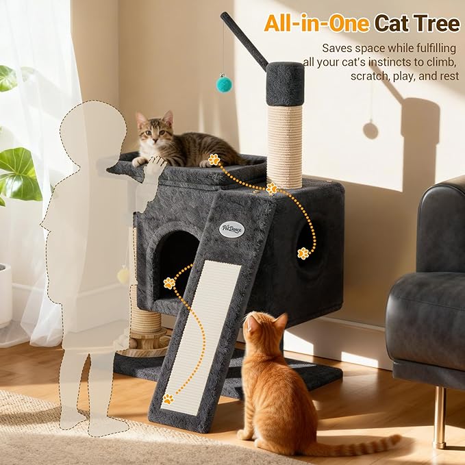 PetDance 37in All-in-1 Small Cat Tree for Indoor Cats | Space-Saving Cat Tower with Cozy Condo, Cat Window Perch, Sisal Scratching Posts, Interactive Ball Track Toy & Self-Grooming Brush,Dark Gray