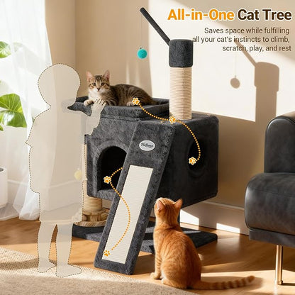 PetDance 37in All-in-1 Small Cat Tree for Indoor Cats | Space-Saving Cat Tower with Cozy Condo, Cat Window Perch, Sisal Scratching Posts, Interactive Ball Track Toy & Self-Grooming Brush,Dark Gray