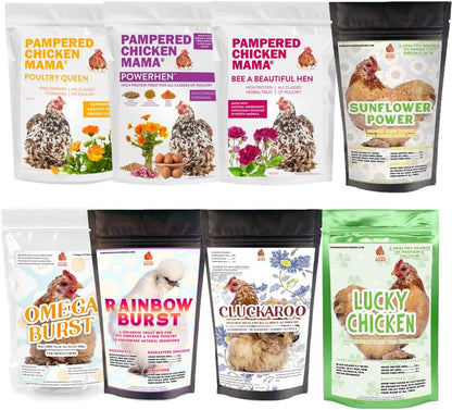 Pampered Chicken Mama Chicken Treat for Hens 8 Pounds Sampler Bundle: 8 Different Treats in One Box! - Grubs, Dried Mealworms, Cracked Corn, Oyster Shell, & Duck Feed